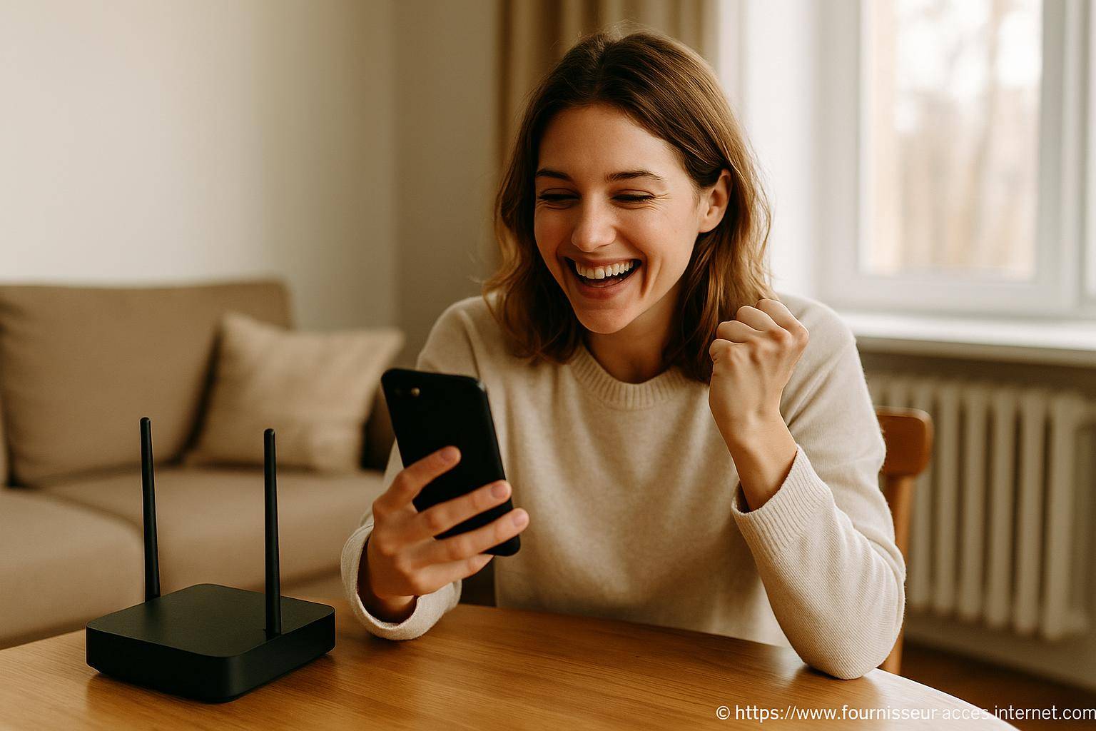 femme heureuse avec smartphone et routeur wifi