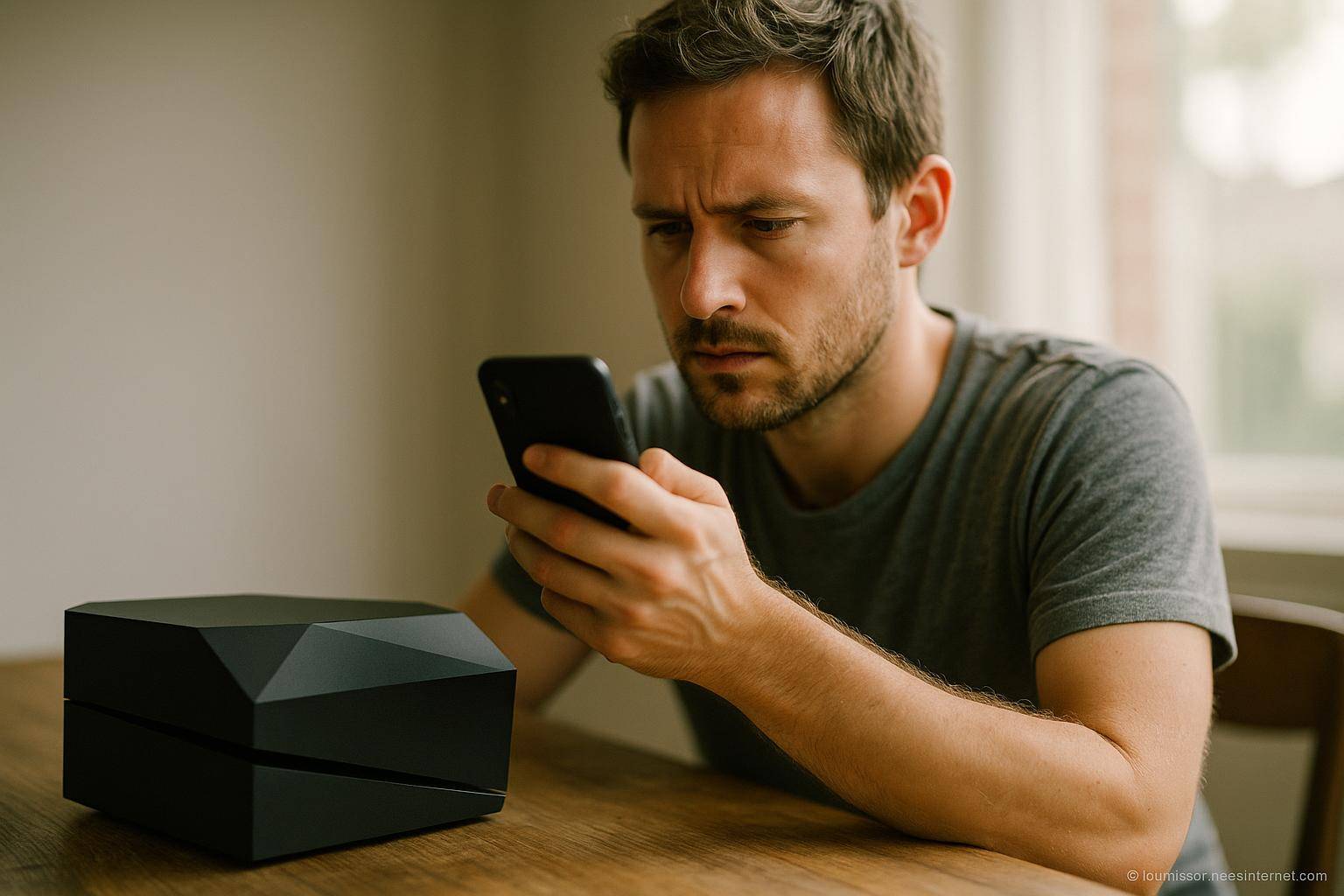 Homme concentré regardant smartphone près d'objet noir