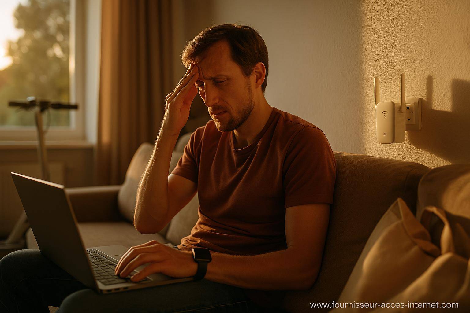 Homme stressé avec ordinateur portable sur canapé