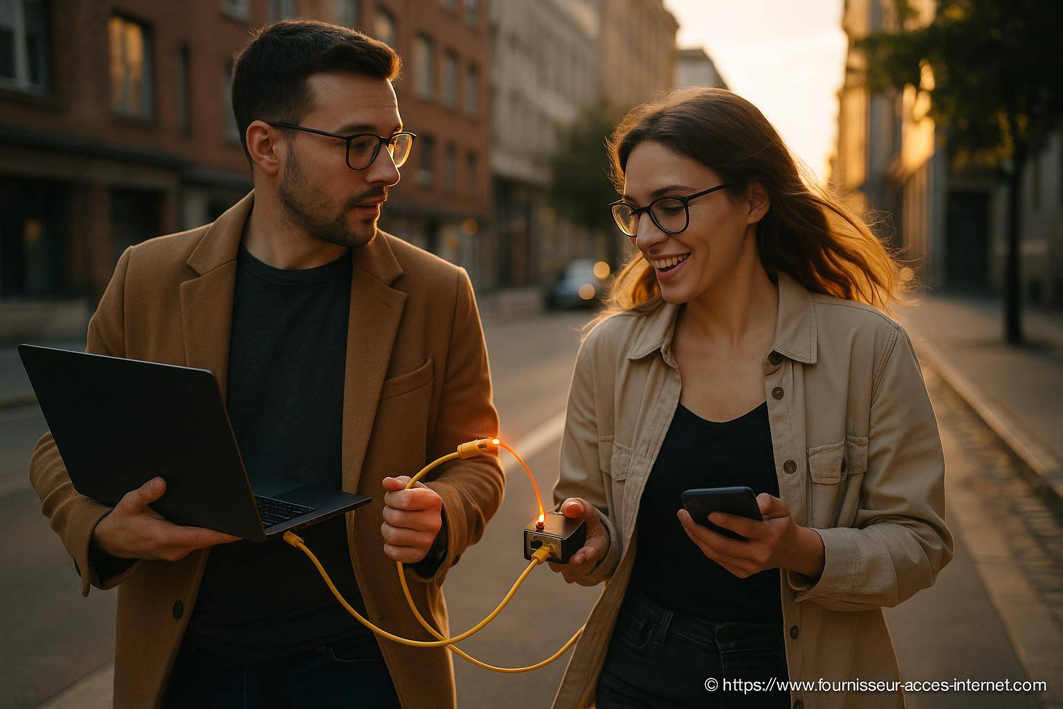 Jeunes professionnels connectant un câble internet
