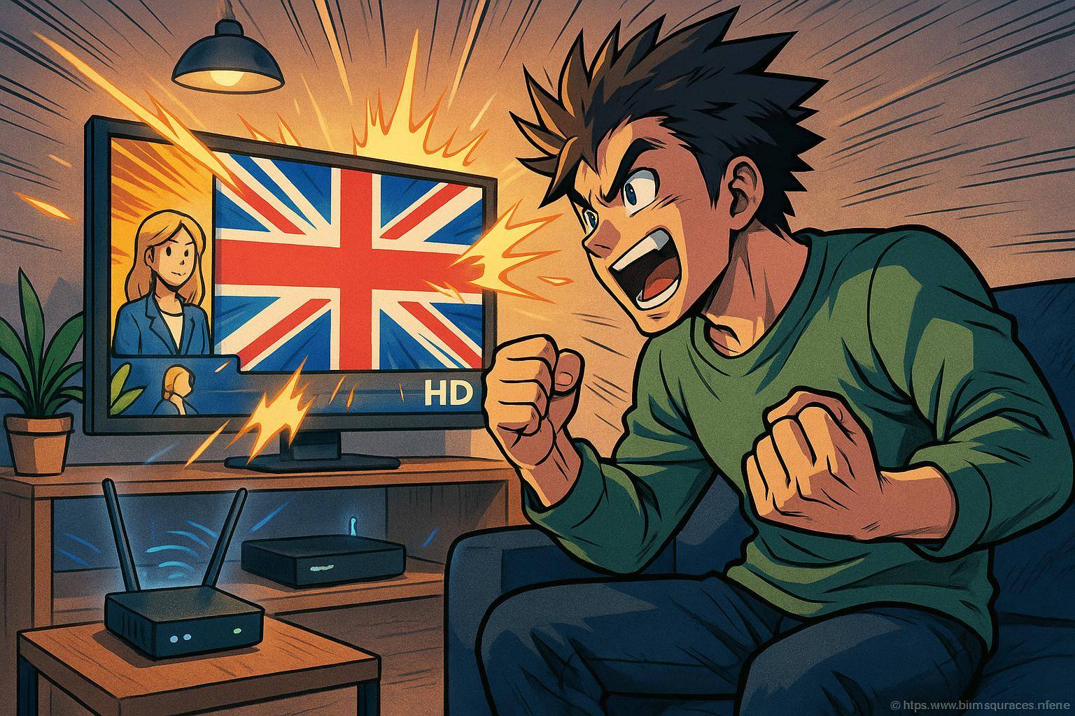 Homme animé regardant télévision drapeau Royaume-Uni