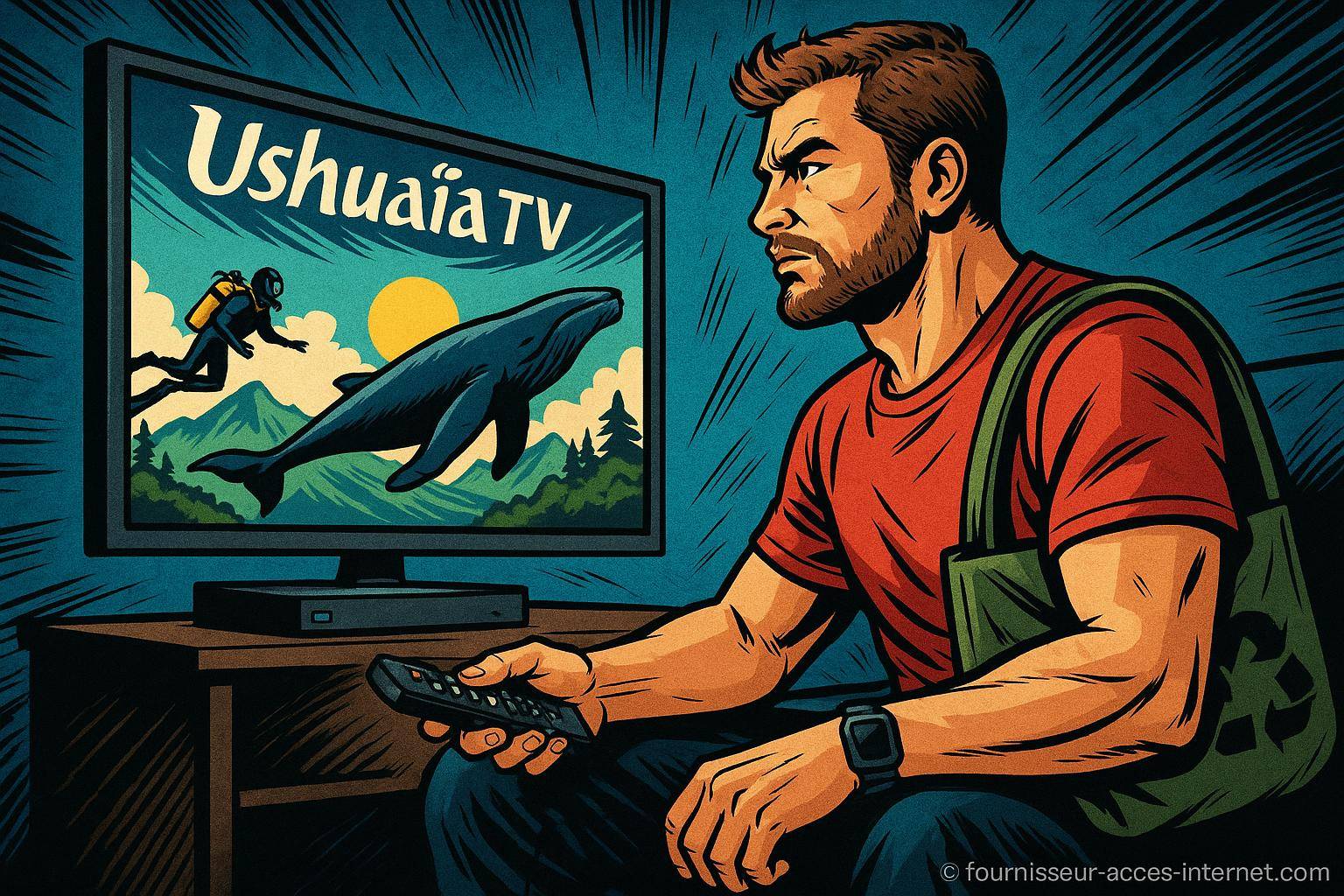 Homme regardant Ushuaïa TV à la télévision