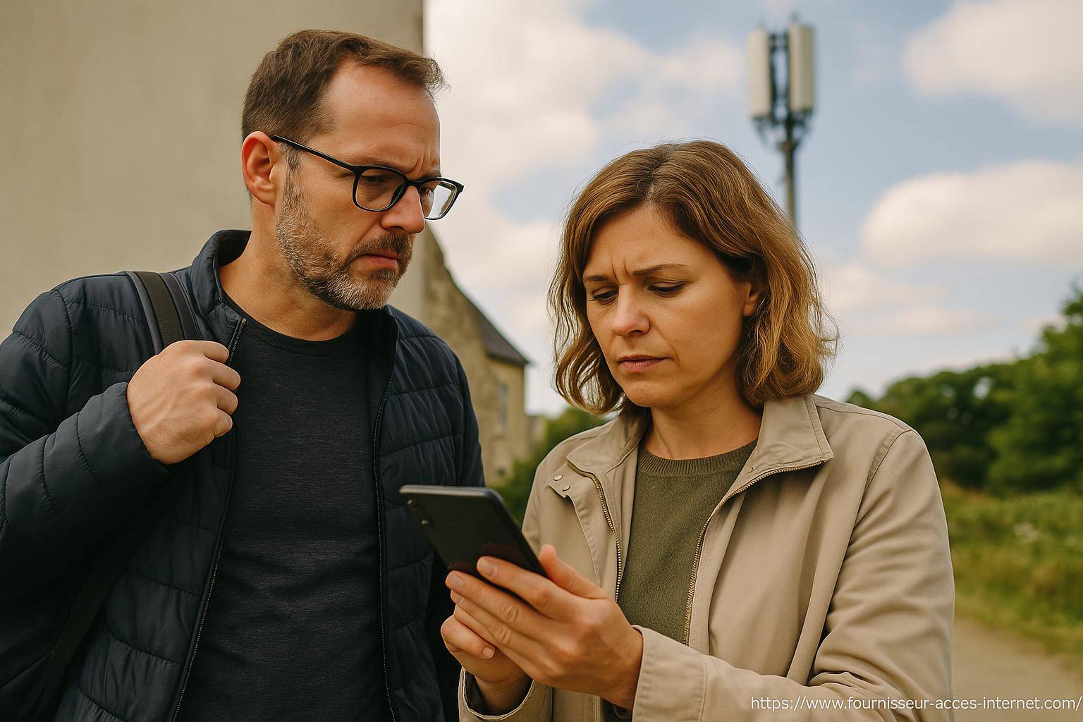 Couple inquiet regardant un smartphone