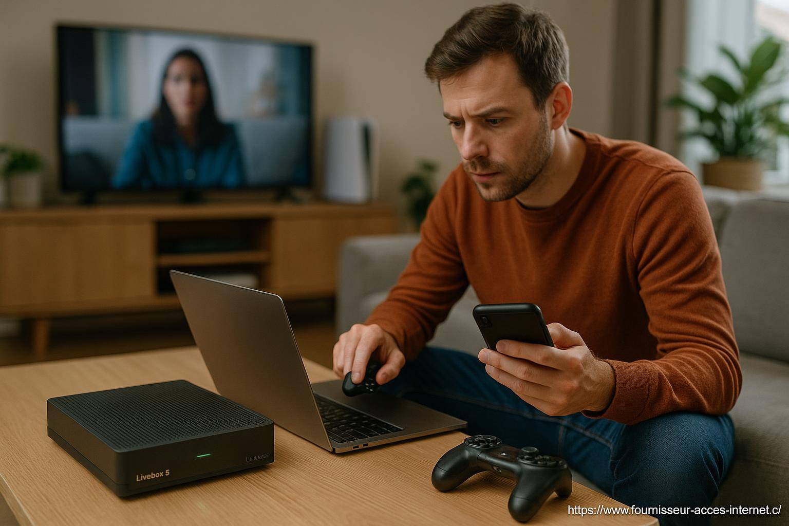 Homme utilisant ordinateur smartphone et console