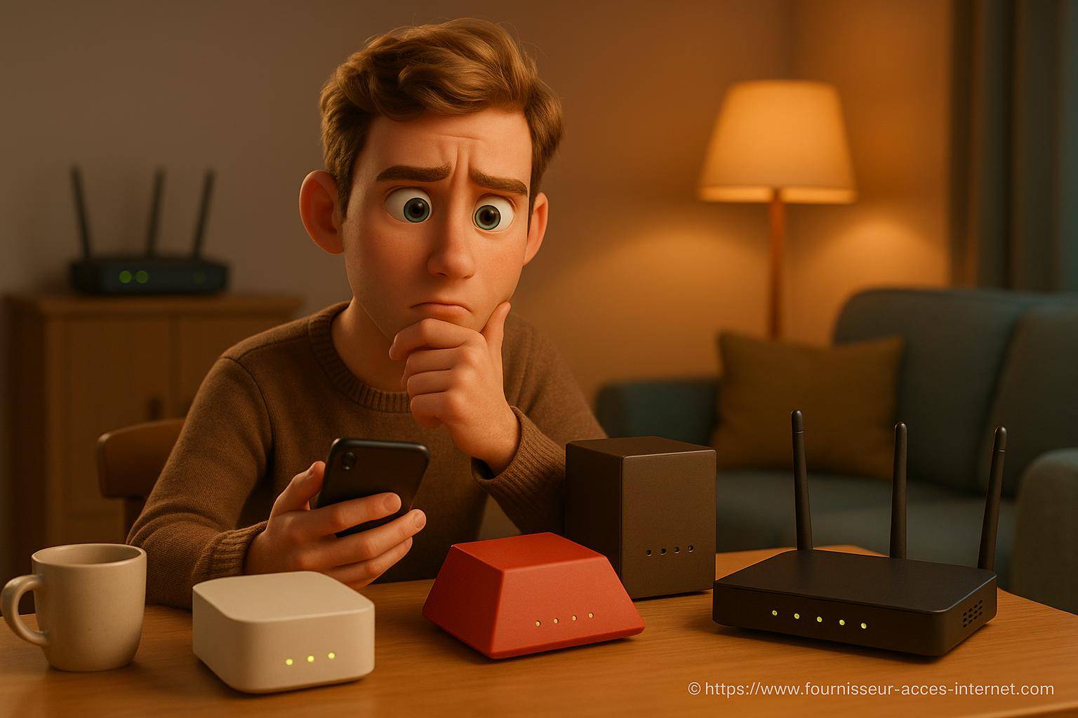 Jeune homme perplexe avec routeurs internet