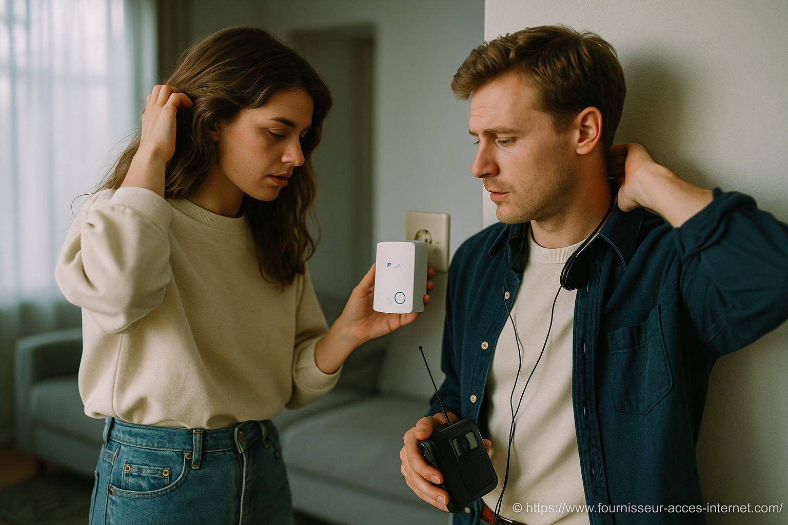 Couple testant un répéteur WiFi domestique