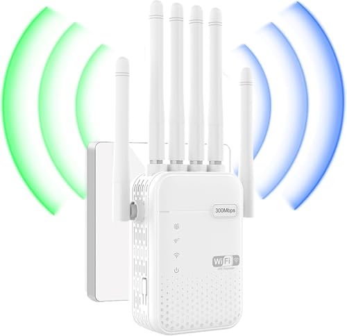 Répéteur WiFi, Nouvel amplificateur de Signal WiFi 300Mbps, 2 Ports LAN, 6 antennes externes puissantes, Installation Facile, Compatible avec Tous Les routeurs, idéal pour Les Bureaux et Les foyers.