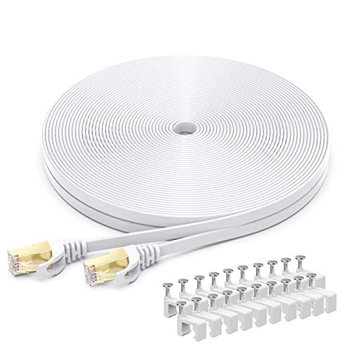 BUSOHE Câble Ethernet Cat 8 15M, Câble Réseau LAN Gigabit RJ45 Plat Haute Vitesse, Cordon de Brassage Internet 40Gbps 2000MHz pour Commutateur,Routeur,Modem,Panneau de Brassage,PC (Blanc)