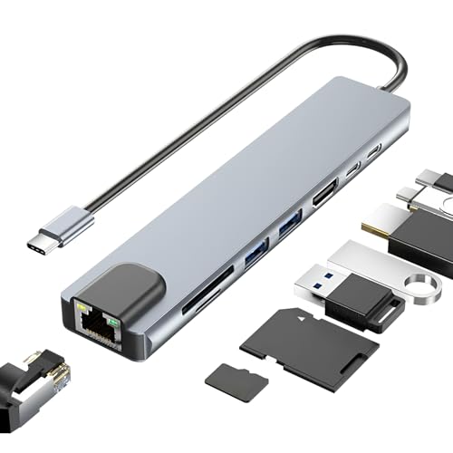 Hub USB C 8-en-1, Adaptateur USB C vers HDMI 4K, RJ45 Ethern